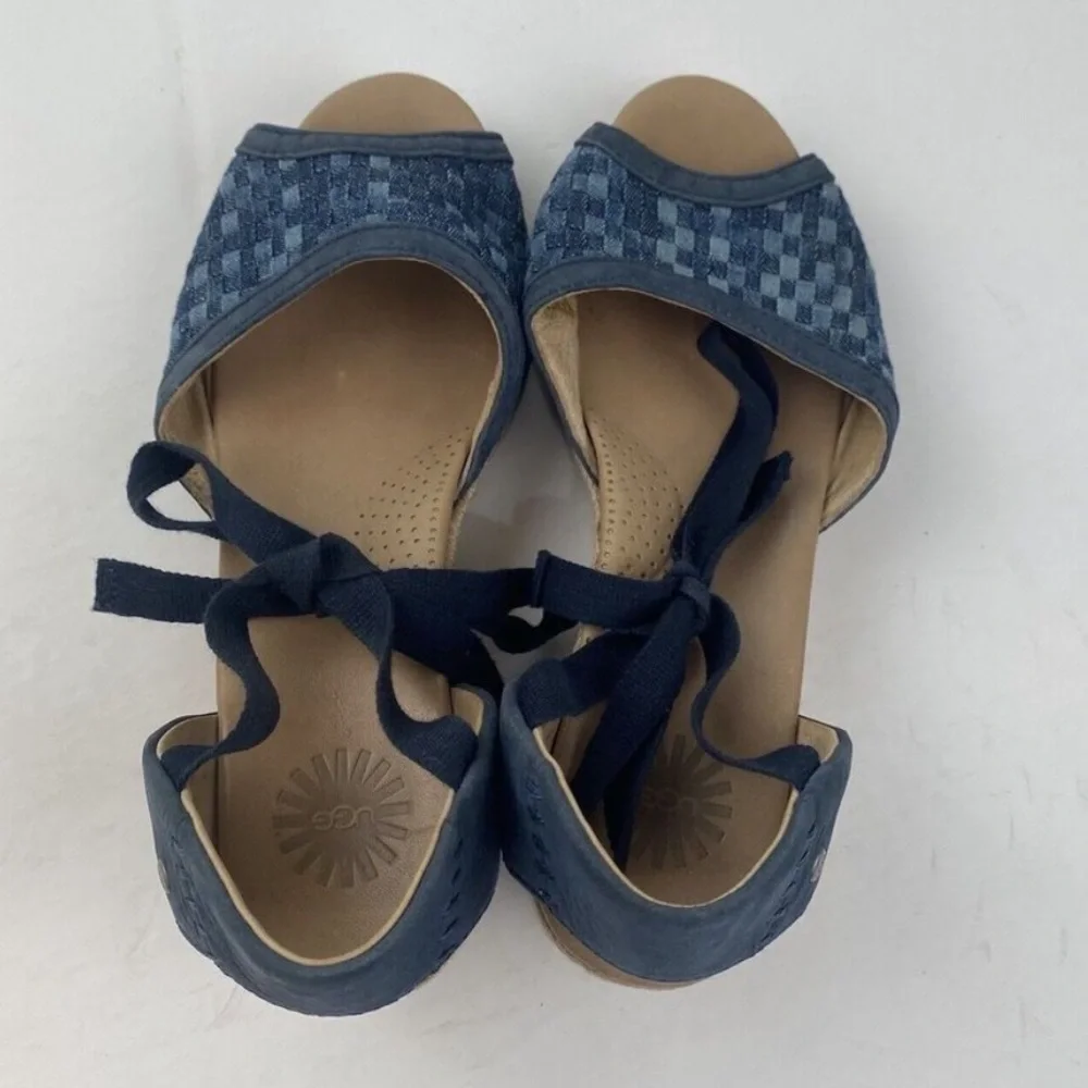 UGG Delmar Woven Patchwork Denim Leather Wedge Ankle Tie Sandals NWOT 8.5*Spots*